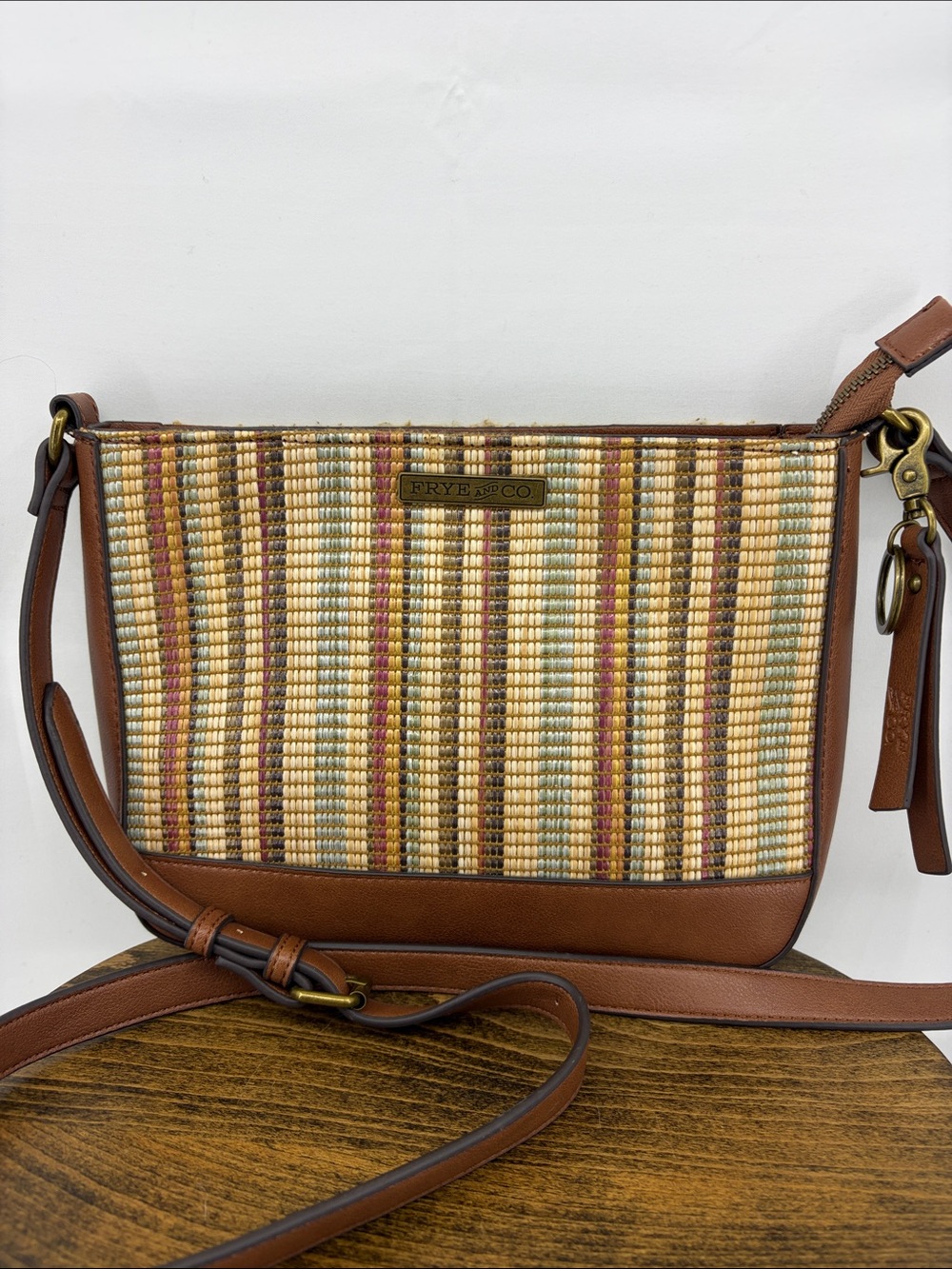 Frye & Co. Fall Striped Woven Straw & Faux Leather Small Crossbody Bag Purse